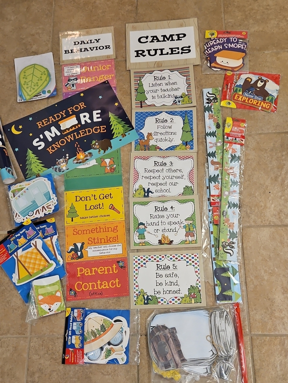 Classroom Camp Theme Decor: Behavior Chart, Rules, Birthday Display, Etc